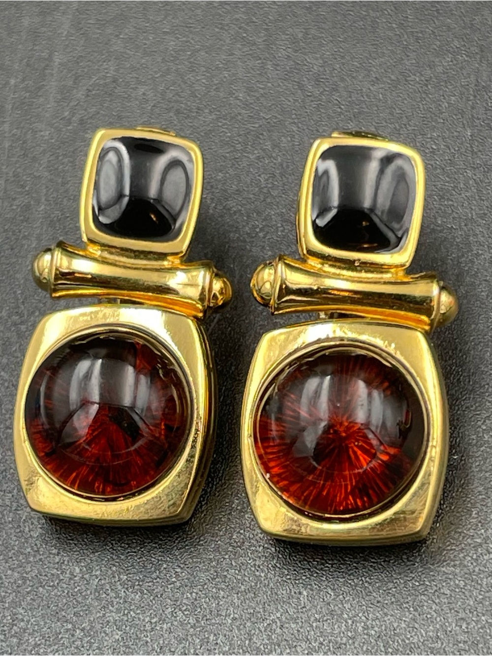 Joan Rivers Gold Tone Faux Amber & Black Enamel Drop Clip Earrings